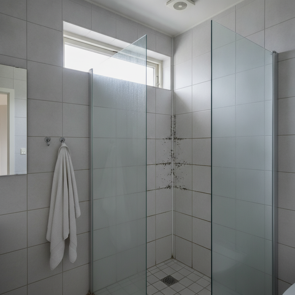 skimmelsvamp, skimmel i badeværelse, fugtproblem, ventilation, udsugning, badeværelse, bruseniche, silikonefuge, fuger, fliser, kondens, indeklima, indendørs, parcelhus, dansk bolig, vedligeholdelse, rengøring, forebyggelse, fugtskade, professionel vurdering, undersøgelse, pris, tilbud, hus, bolig, håndværker