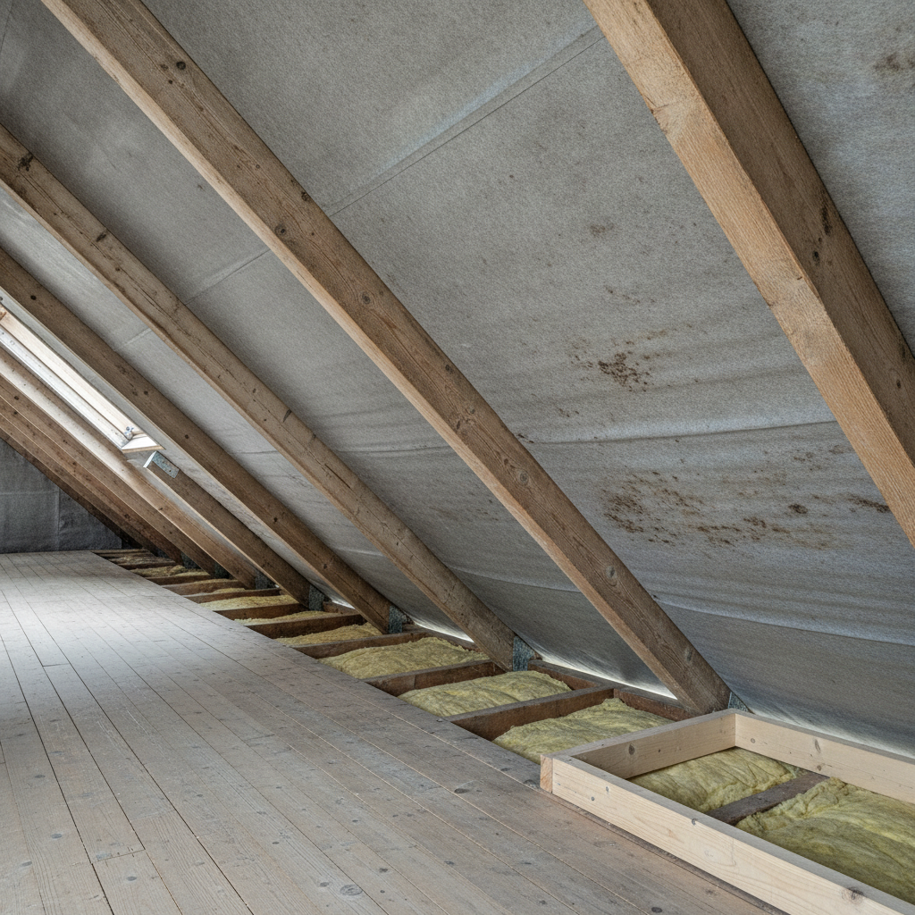 tagdækker, skimmelsvamp, skimmel i undertag, tagkonstruktion, tagrum, loft, indendørs, parcelhus, dansk hus, undertag, tagdug, spær, træværk, isolering, mineraluld, fugt, kondens, ventilation, utæt tag, skadesvurdering, renovering, vedligeholdelse, hus, bolig, håndværker, pris, tilbud