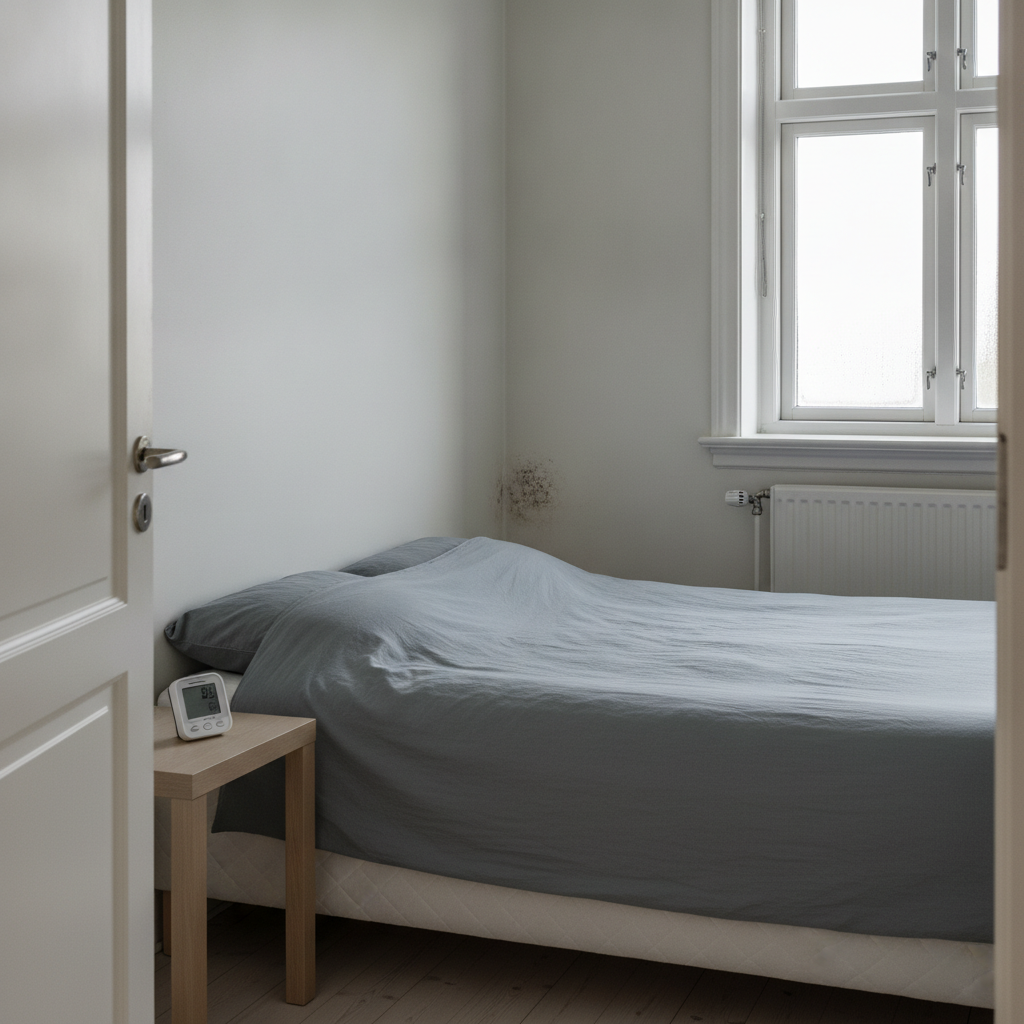 indeklima, skimmelsvamp, skimmel i soveværelse, fugt, fugtmåling, hygrometer, relativ luftfugtighed, kondens, ventilation, udluftning, kuldebro, ydervæg, vindue, soveværelse, indendørs, dansk hjem, parcelhus, væg, maling, sengegavl, forebyggelse, sundhed, risiko, hus, bolig, håndværker