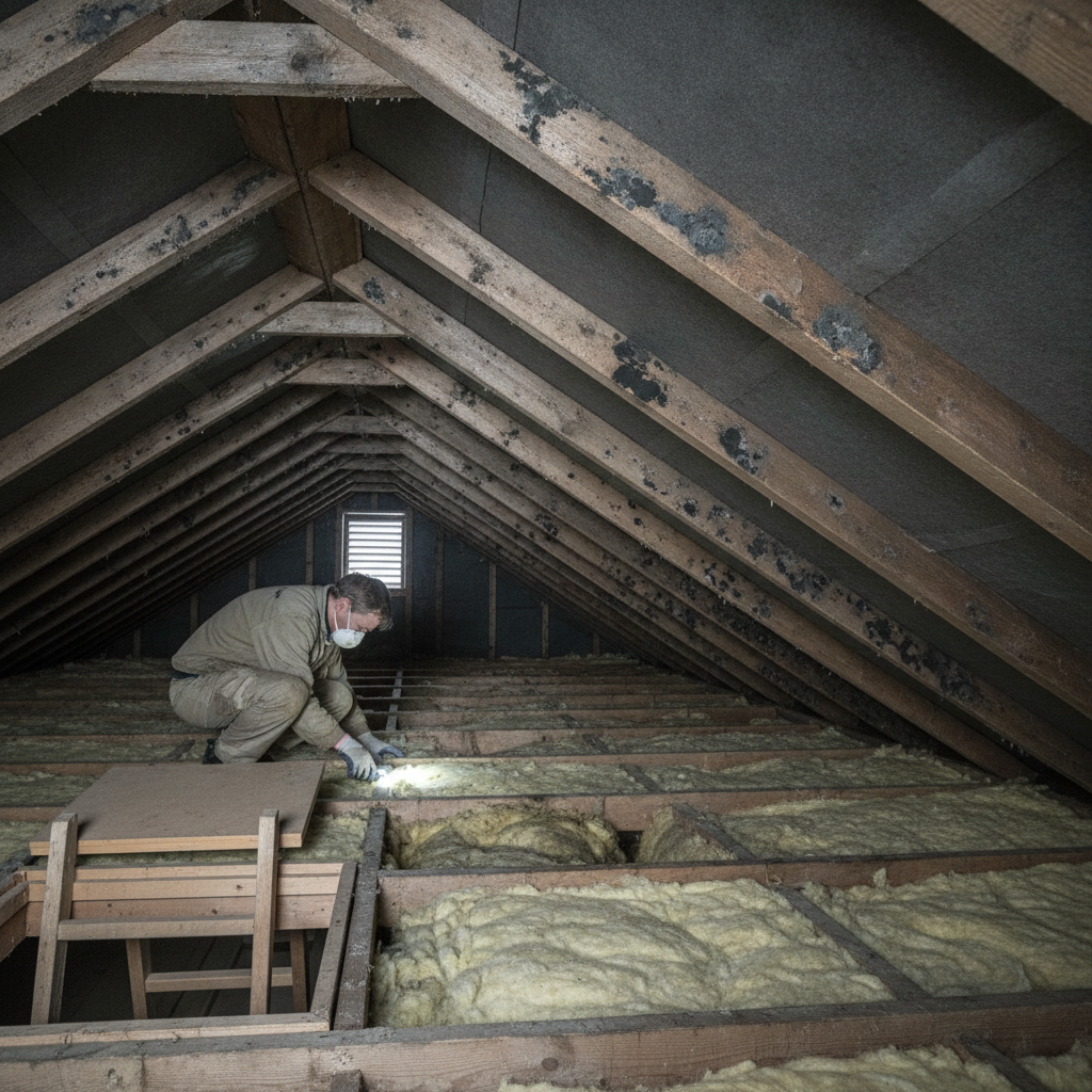 tagdækker, skimmelsvamp på loftet, loftinspektion, tagrum, undertag, kondens, fugt, ventilation, loftlem, tagkonstruktion, spær, isolering, mineraluld, damp, fugtskade, renovering, vedligeholdelse, dansk villa, parcelhus, naturligt lys, professionel, hus, bolig, håndværker