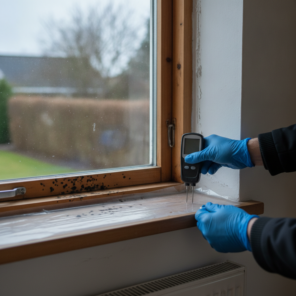 skimmelfirma, skimmelsvamp på træ, fugtproblem, fugtskade, fugtmåling, indeklima, inspektion, vurdering, indendørs, vindue, træramme, karm, kondens, ventilation, misfarvning, mørke pletter, nordisk lys, dansk bolig, parcelhus, renovering, vedligeholdelse, hus, bolig, håndværker