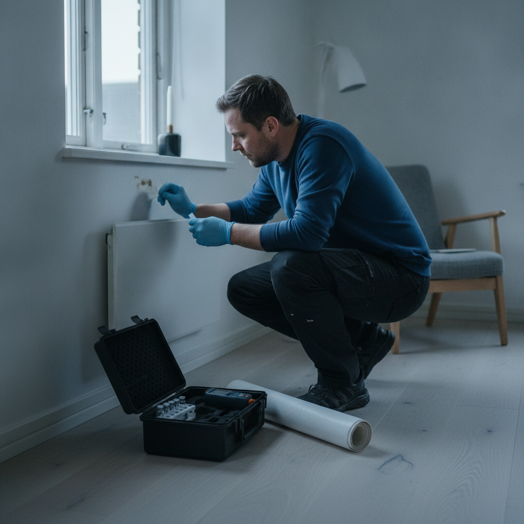 skimmelspecialist, skimmelsvamptest, prøvetagning, overfladetest, mycometer, dna-test, lufttest, indeklima, fugtmåling, indendørs, parcelhus, væg, vinduesfalse, misfarvning, fugtproblem, undersøgelse, dokumentation, rapport, renovering, vedligeholdelse, professionel, pris, tilbud, hus, bolig, håndværker