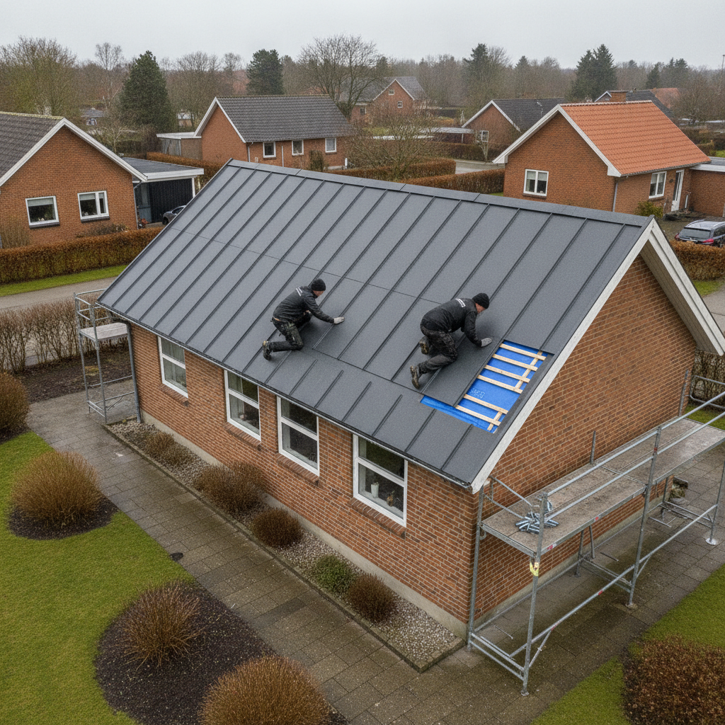 tagdækker, ståltag, tagudskiftning, tagrenovering, udendørs, parcelhus, dansk parcelhus, 70er hus, mursten, ståltagplader, undertag, ventilation, inddækninger, skotrender, stillads, sikkerhed, montage, ældre tag, renovering, vedligeholdelse, pris, tilbud, hus, bolig, håndværker
