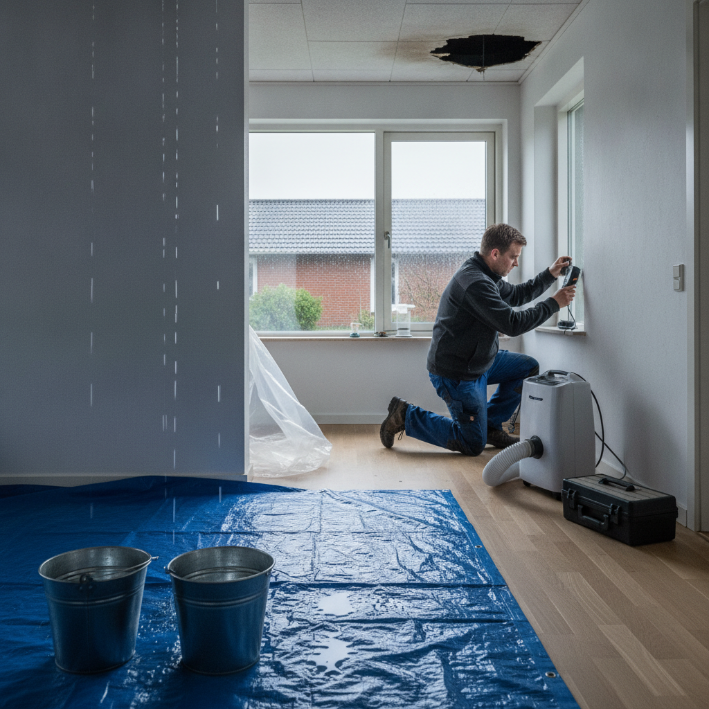 skadeservice, fugttekniker, stormskade, vandskade, fugtmåling, fugtmåler, affugtning, nødafdækning, presenning, indendørs, parcelhus, dansk bolig, loft, gips, træ, vandindtrængning, skimmelrisiko, forsikring, dokumentation, renovering, vedligeholdelse, hus, bolig, håndværker