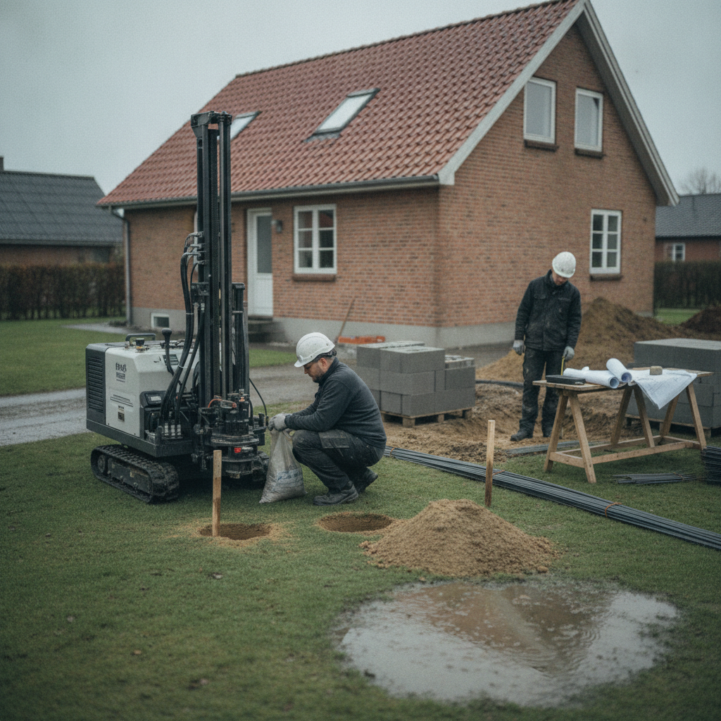 entreprenør, tilbygning, byggetilladelse, jordbundsundersøgelse, geoteknik, geoteknisk rapport, boreprøver, grundforhold, fundament, udgravning, byggeplads, udendørs, parcelhus, mursten, tegltag, have, forstad, overskyet vejr, renovering, nybyg, projektering, pris, tilbud, hus, bolig, håndværker