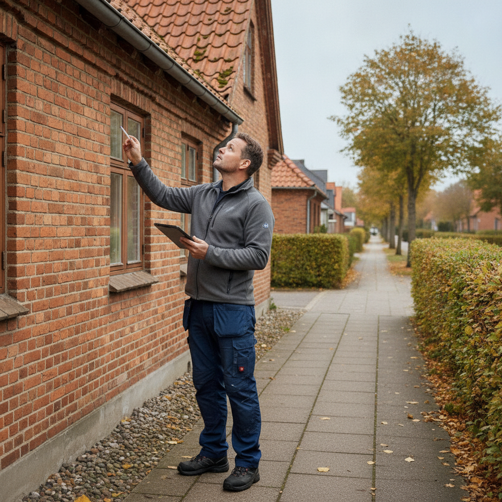 byggesagkyndig, tilstandsrapport, huseftersyn, bolighandel, boligkøb, udendørs, parcelhus, villa, mursten, røde tagsten, tegltag, tagrender, facade, inspektion, byggeteknisk gennemgang, vurdering, vedligeholdelse, dansk forstad, overskyet vejr, professionel, hus, bolig, håndværker