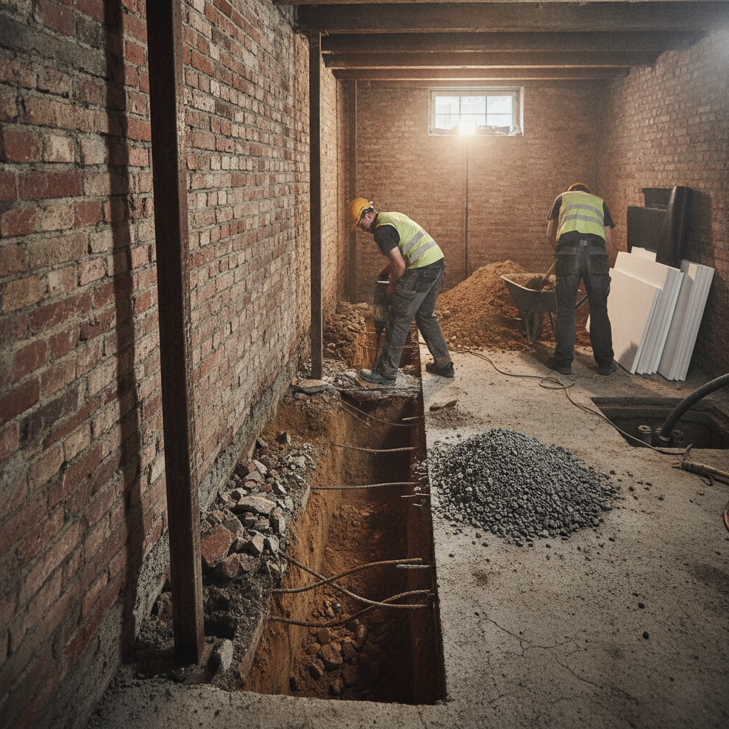 murer, udgravning af kælder, kælderudgravning, understøbning, fundament, jordarbejde, indendørs, murermestervilla, ældre hus, mursten, beton, udgravning, dræn, grundvand, radon, radonsikring, terrændæk, byggeplads, renovering, professionel, pris, tilbud, hus, bolig, håndværker